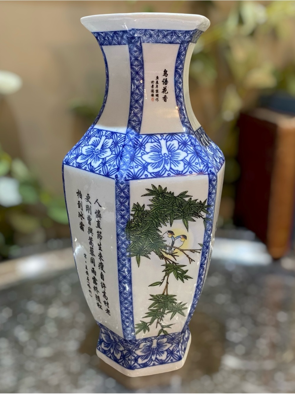 Vintage Chinese Vase Signed Calligraphy Birds Hexagonal Blue White Porcelain - Picture 6 of 10